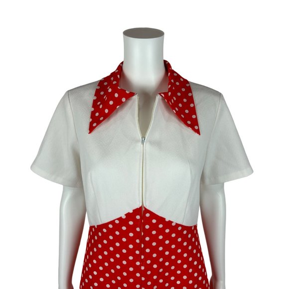 Vintage 70s Polka Dot Dress Women's Large Red White Front Zip Up Mini Minnie Bab - Picture 4 of 11